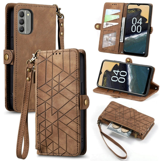 For Nokia G400 Geometric Zipper Wallet Side Buckle Leather Phone Case(Brown) by buy2fix