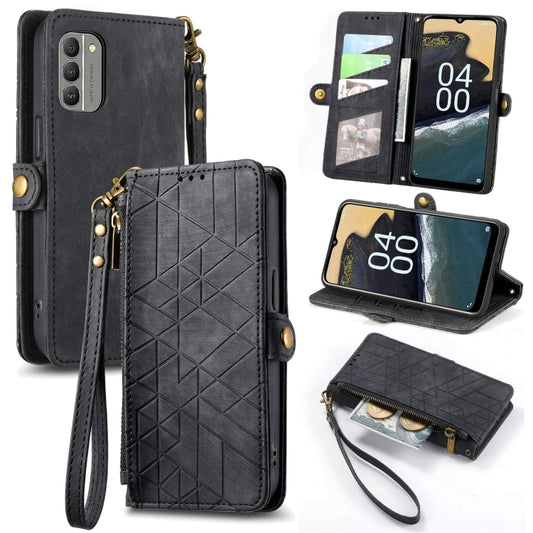 For Nokia G400 Geometric Zipper Wallet Side Buckle Leather Phone Case(Black) by buy2fix