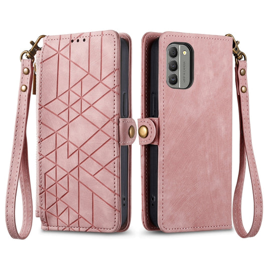 For Nokia C32 Geometric Zipper Wallet Side Buckle Leather Phone Case(Pink) by buy2fix