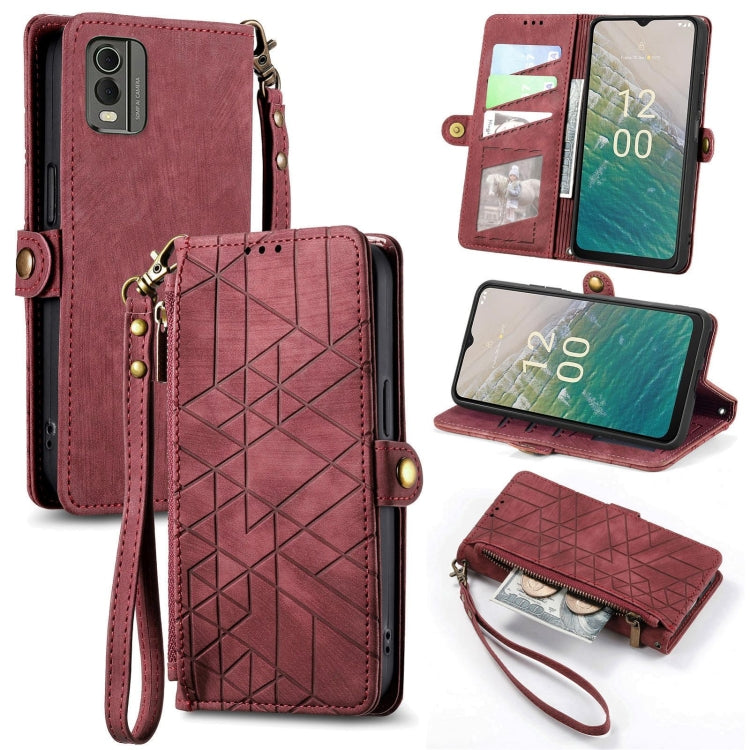 For Nokia C32 Geometric Zipper Wallet Side Buckle Leather Phone Case(Red) by buy2fix