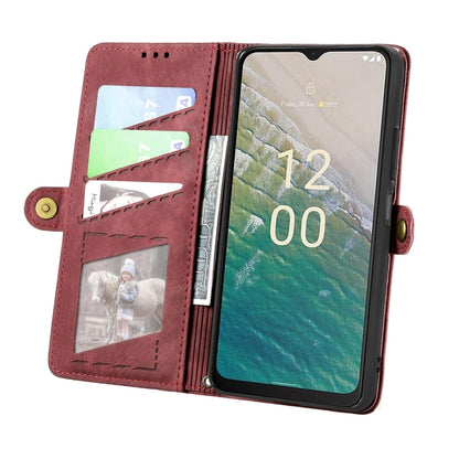 For Nokia C32 Geometric Zipper Wallet Side Buckle Leather Phone Case(Red) by buy2fix