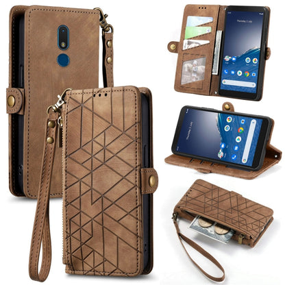 For Nokia C3 Geometric Zipper Wallet Side Buckle Leather Phone Case(Brown) by buy2fix
