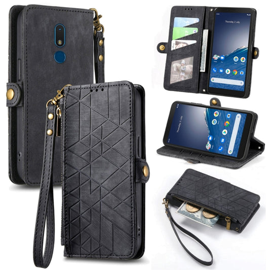 For Nokia C3 Geometric Zipper Wallet Side Buckle Leather Phone Case(Black) by buy2fix
