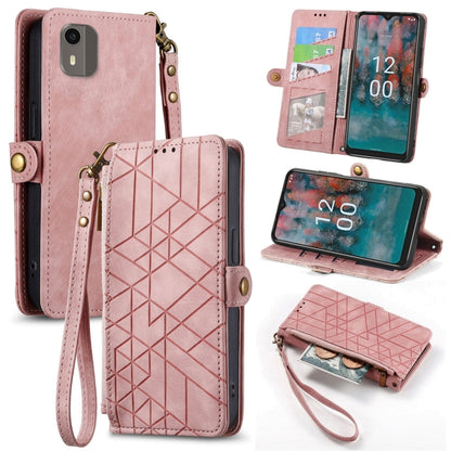 For Nokia C12 Geometric Zipper Wallet Side Buckle Leather Phone Case(Pink) by buy2fix