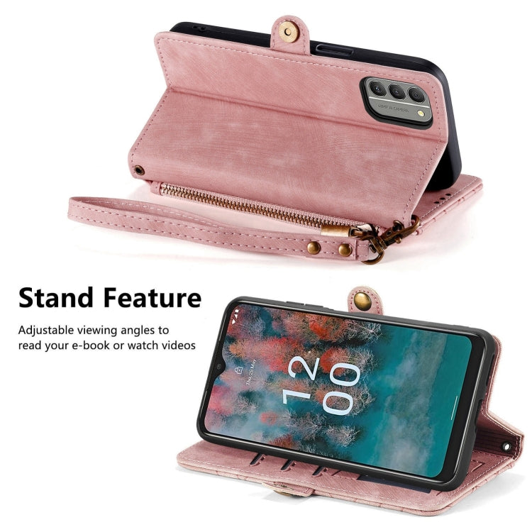 For Nokia C12 Geometric Zipper Wallet Side Buckle Leather Phone Case(Pink) by buy2fix