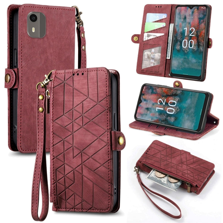 For Nokia C12 Geometric Zipper Wallet Side Buckle Leather Phone Case(Red) by buy2fix