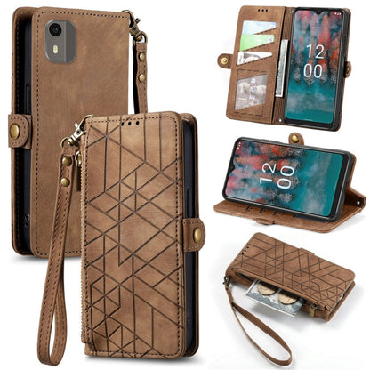 For Nokia C12 Geometric Zipper Wallet Side Buckle Leather Phone Case(Brown) by buy2fix
