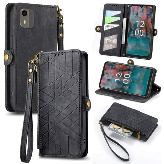 For Nokia C12 Geometric Zipper Wallet Side Buckle Leather Phone Case(Black) by buy2fix