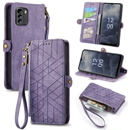 For Nokia G60 5G Geometric Zipper Wallet Side Buckle Leather Phone Case(Purple) by buy2fix
