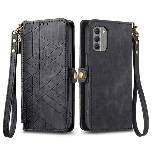 For Nokia G60 5G Geometric Zipper Wallet Side Buckle Leather Phone Case(Black) by buy2fix
