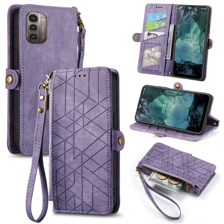 For Nokia G11/G21 Geometric Zipper Wallet Side Buckle Leather Phone Case(Purple) by buy2fix