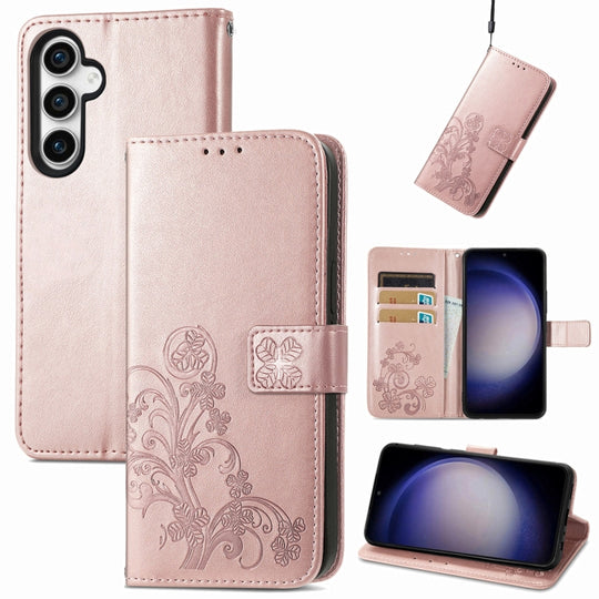 For Galaxy S23 FE 5G Four-leaf Clasp Embossed Buckle Leather Phone Case(Rose Gold)