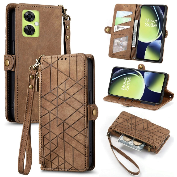 For OnePlus Nord CE3 Lite Geometric Zipper Wallet Side Buckle Leather Phone Case(Brown) by buy2fix