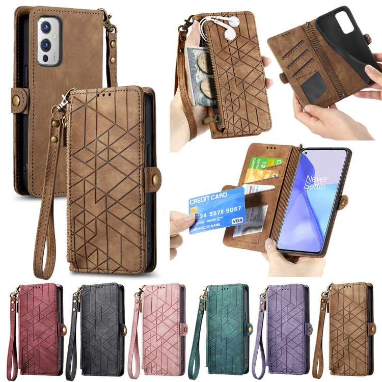 For OnePlus Nord CE3 Lite Geometric Zipper Wallet Side Buckle Leather Phone Case(Brown) by buy2fix
