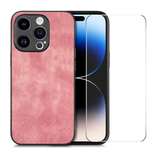 For iPhone 15 Pro ENKAY Retro Leather Skin PC Phone Case with High Aluminum-silicon Glass Film(Pink) - iPhone 15 Pro Cases by ENKAY | Online Shopping UK | buy2fix