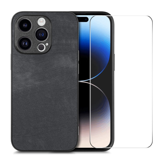 For iPhone 15 Pro ENKAY Retro Leather Skin PC Phone Case with High Aluminum-silicon Glass Film(Black) - iPhone 15 Pro Cases by ENKAY | Online Shopping UK | buy2fix
