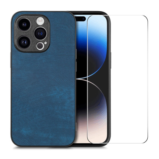 For iPhone 15 Pro ENKAY Retro Leather Skin PC Phone Case with High Aluminum-silicon Glass Film(Blue) - iPhone 15 Pro Cases by ENKAY | Online Shopping UK | buy2fix