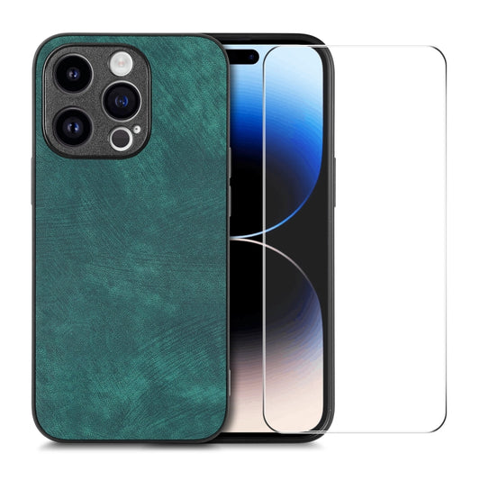 For iPhone 15 Pro ENKAY Retro Leather Skin PC Phone Case with High Aluminum-silicon Glass Film(Green) - iPhone 15 Pro Cases by ENKAY | Online Shopping UK | buy2fix