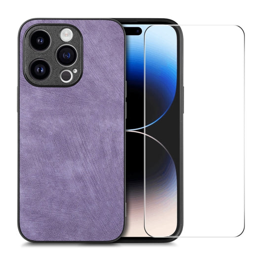 For iPhone 15 Pro ENKAY Retro Leather Skin PC Phone Case with High Aluminum-silicon Glass Film(Purple) - iPhone 15 Pro Cases by ENKAY | Online Shopping UK | buy2fix