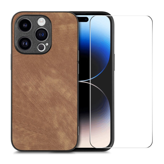 For iPhone 15 Pro ENKAY Retro Leather Skin PC Phone Case with High Aluminum-silicon Glass Film(Brown) - iPhone 15 Pro Cases by ENKAY | Online Shopping UK | buy2fix