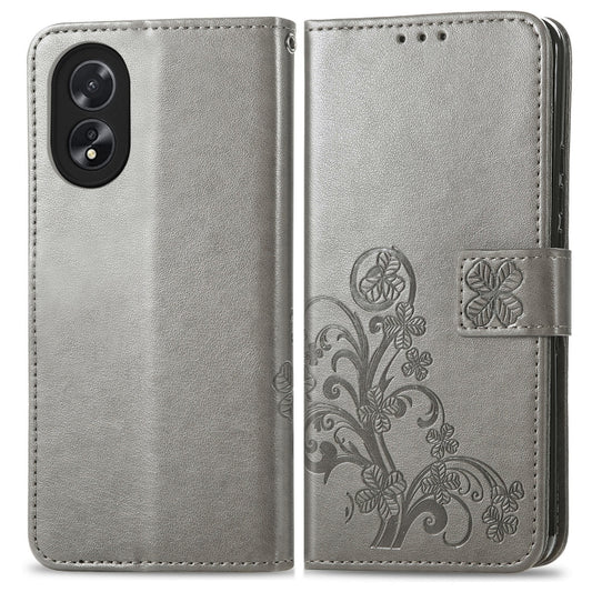 For OPPO A38 Four-leaf Clasp Embossed Buckle Leather Phone Case(Grey) by buy2fix