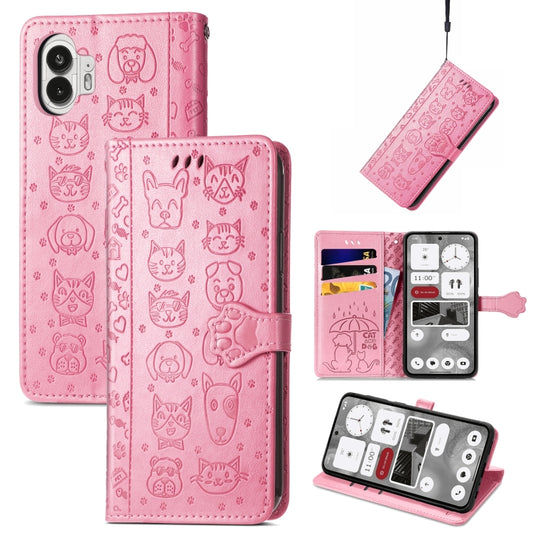 For Nothing Phone 2 Cat and Dog Embossed Leather Phone Case(pink) - Nothing Cases by buy2fix | Online Shopping UK | buy2fix