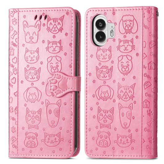 For Nothing Phone 2 Cat and Dog Embossed Leather Phone Case(pink) - Nothing Cases by buy2fix | Online Shopping UK | buy2fix