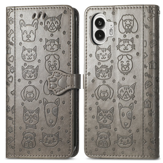 For Nothing Phone 2 Cat and Dog Embossed Leather Phone Case(Grey) - Nothing Cases by buy2fix | Online Shopping UK | buy2fix