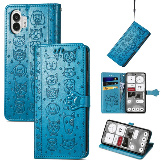 For Nothing Phone 2 Cat and Dog Embossed Leather Phone Case(Blue)