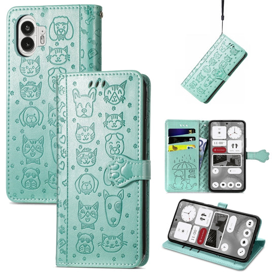 For Nothing Phone 2 Cat and Dog Embossed Leather Phone Case(Green)