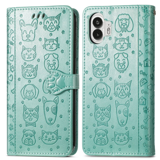 For Nothing Phone 2 Cat and Dog Embossed Leather Phone Case(Green) - Nothing Cases by buy2fix | Online Shopping UK | buy2fix