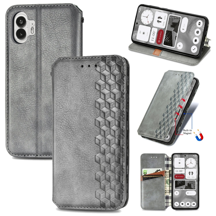 For Nothing Phone 2 Cubic Grid Pressed Magnetic Leather Phone Case(Grey) - Nothing Cases by buy2fix | Online Shopping UK | buy2fix