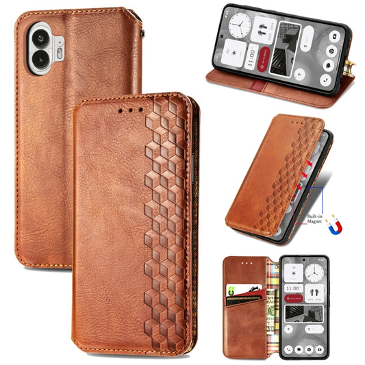 For Nothing Phone 2 Cubic Grid Pressed Magnetic Leather Phone Case(Brown) - Nothing Cases by buy2fix | Online Shopping UK | buy2fix