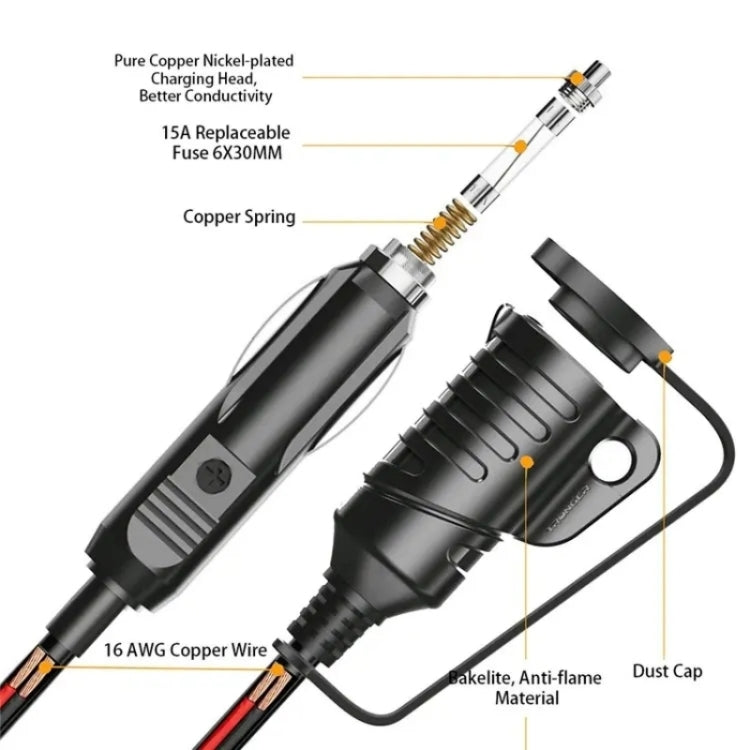 TR-29 Car Cigarette Lighter Extension Cord Male Plug to Female Socket with 16AWG Extender Cable by buy2fix