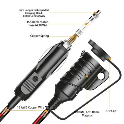 TR-29 Car Cigarette Lighter Extension Cord Male Plug to Female Socket with 16AWG Extender Cable by buy2fix