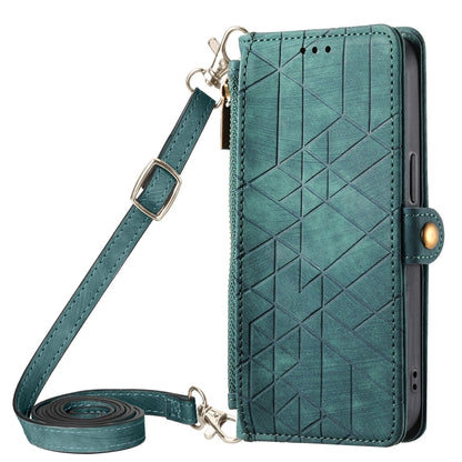 For iPhone 14 Pro Max Geometric Zipper Wallet Side Buckle Leather Phone Case with Crossbody Lanyard(Green) - iPhone 14 Pro Max Cases by buy2fix | Online Shopping UK | buy2fix