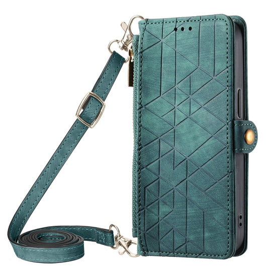 For iPhone 14 Pro Max Geometric Zipper Wallet Side Buckle Leather Phone Case with Crossbody Lanyard(Green) - iPhone 14 Pro Max Cases by buy2fix | Online Shopping UK | buy2fix