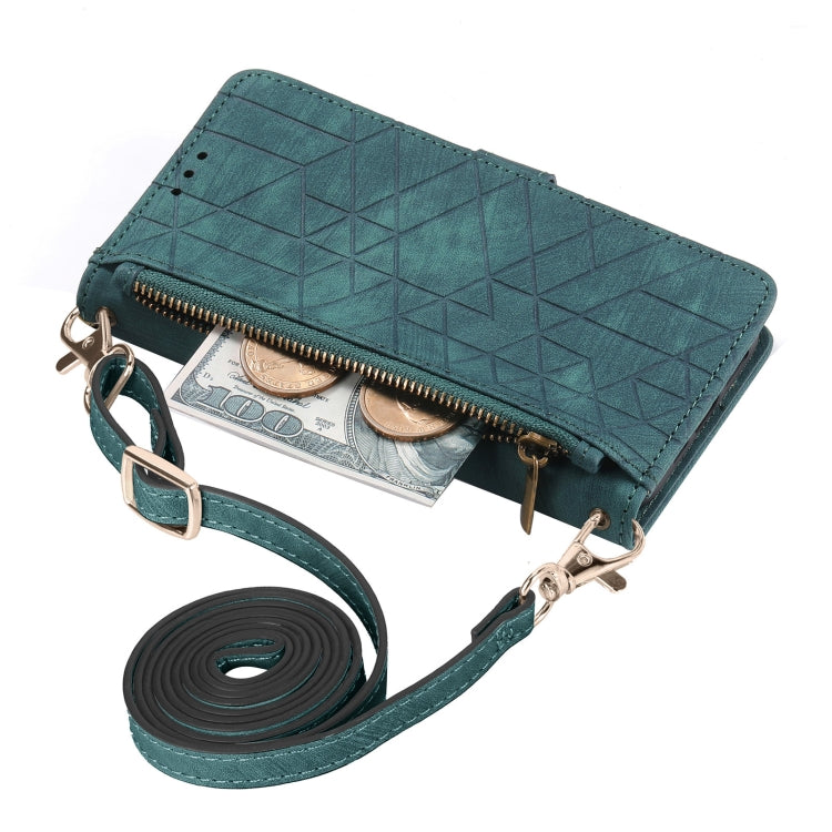 For iPhone 14 Pro Max Geometric Zipper Wallet Side Buckle Leather Phone Case with Crossbody Lanyard(Green) - iPhone 14 Pro Max Cases by buy2fix | Online Shopping UK | buy2fix