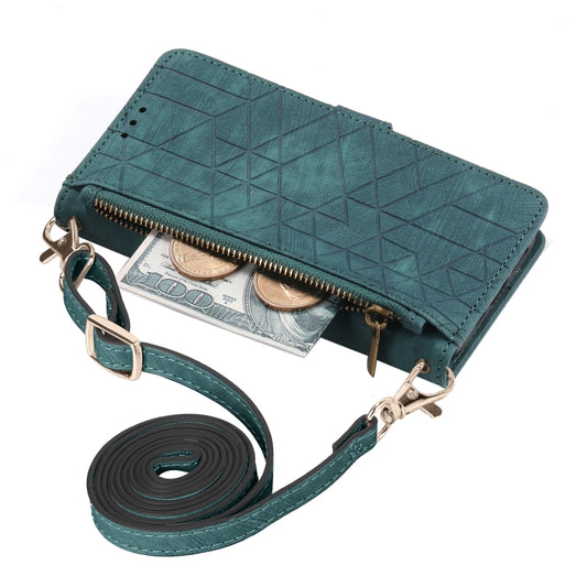 For iPhone 14 Pro Max Geometric Zipper Wallet Side Buckle Leather Phone Case with Crossbody Lanyard(Green) - iPhone 14 Pro Max Cases by buy2fix | Online Shopping UK | buy2fix
