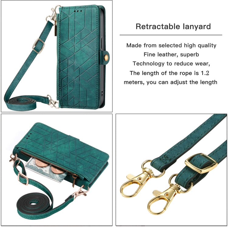 For iPhone 14 Pro Max Geometric Zipper Wallet Side Buckle Leather Phone Case with Crossbody Lanyard(Green) - iPhone 14 Pro Max Cases by buy2fix | Online Shopping UK | buy2fix