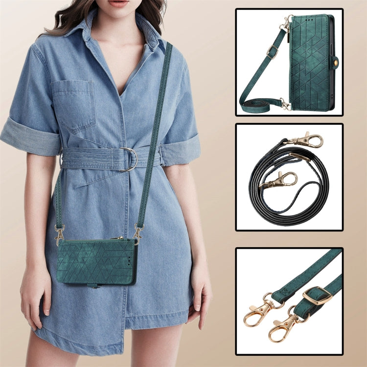 For iPhone 14 Pro Max Geometric Zipper Wallet Side Buckle Leather Phone Case with Crossbody Lanyard(Green) - iPhone 14 Pro Max Cases by buy2fix | Online Shopping UK | buy2fix