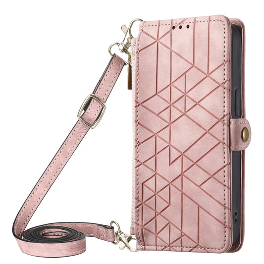 For iPhone 14 Pro Max Geometric Zipper Wallet Side Buckle Leather Phone Case with Crossbody Lanyard(Pink) - iPhone 14 Pro Max Cases by buy2fix | Online Shopping UK | buy2fix