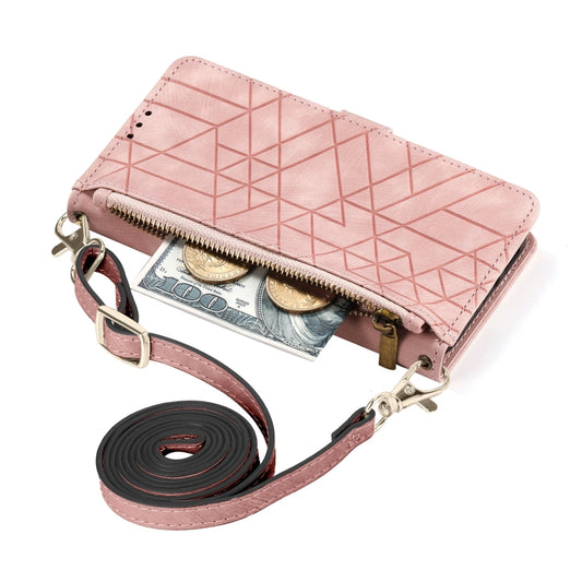 For iPhone 14 Pro Max Geometric Zipper Wallet Side Buckle Leather Phone Case with Crossbody Lanyard(Pink) - iPhone 14 Pro Max Cases by buy2fix | Online Shopping UK | buy2fix