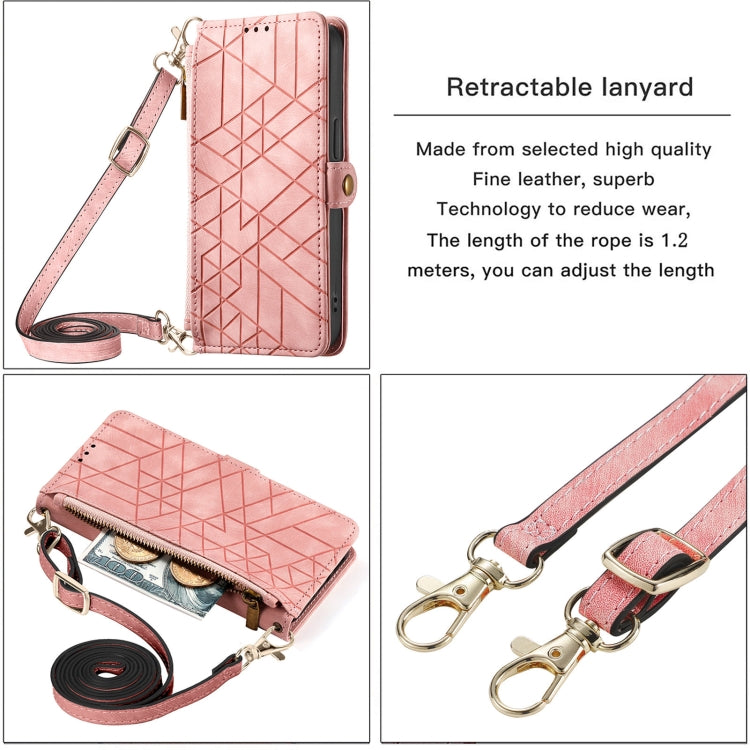 For iPhone 14 Pro Max Geometric Zipper Wallet Side Buckle Leather Phone Case with Crossbody Lanyard(Pink) - iPhone 14 Pro Max Cases by buy2fix | Online Shopping UK | buy2fix