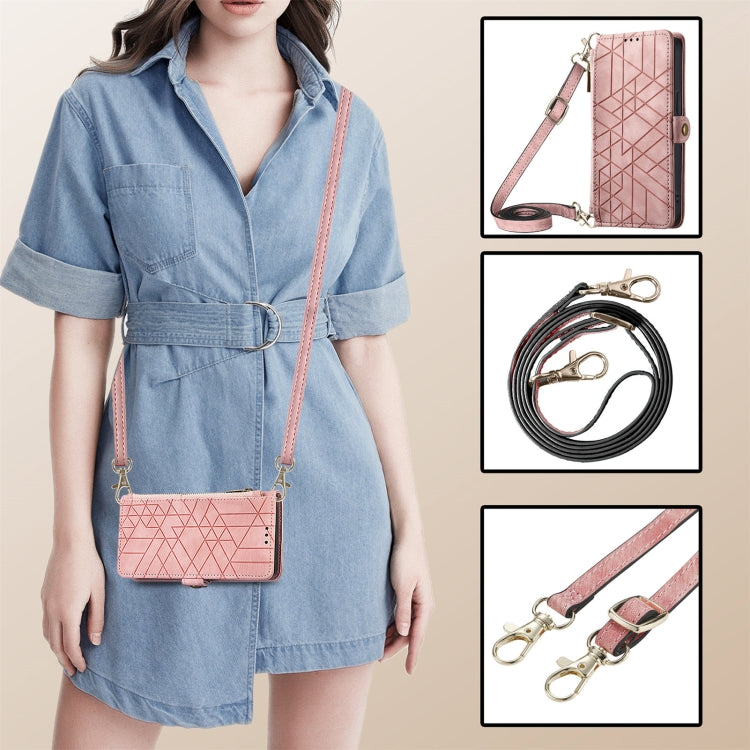 For iPhone 14 Pro Max Geometric Zipper Wallet Side Buckle Leather Phone Case with Crossbody Lanyard(Pink) - iPhone 14 Pro Max Cases by buy2fix | Online Shopping UK | buy2fix