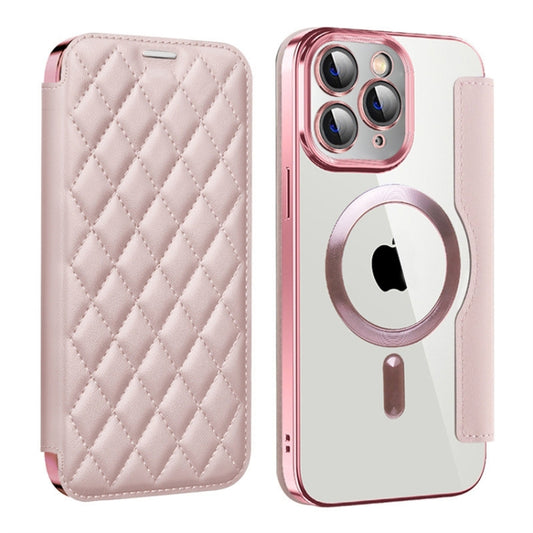 For iPhone 11 Pro Max Shield Magsafe RFID Anti-theft Rhombus Leather Phone Case(Pink) - iPhone 11 Pro Max Cases by buy2fix | Online Shopping UK | buy2fix