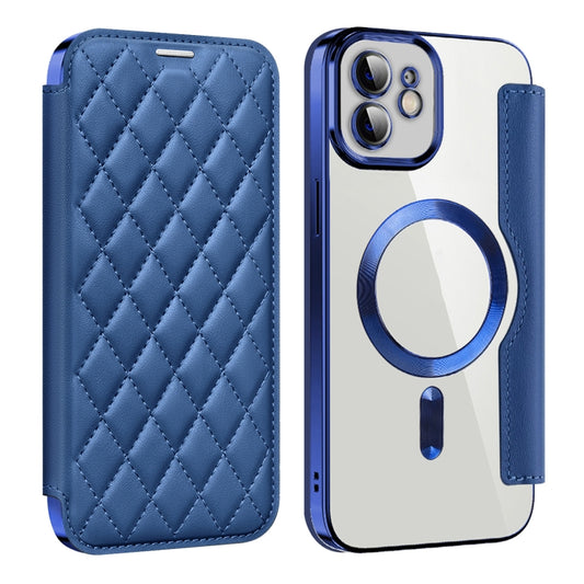 For iPhone 12 Pro Shield Magsafe RFID Anti-theft Rhombus Leather Phone Case(Dark Blue) - iPhone 12 / 12 Pro Cases by buy2fix | Online Shopping UK | buy2fix
