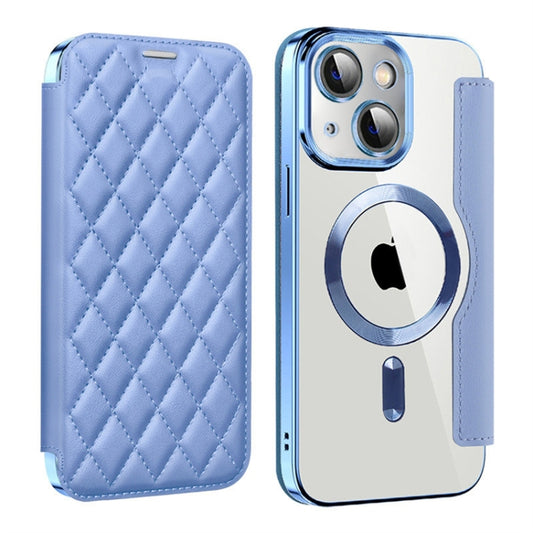 For iPhone 14 Shield Magsafe RFID Anti-theft Rhombus Leather Phone Case(Blue) - iPhone 14 Cases by buy2fix | Online Shopping UK | buy2fix