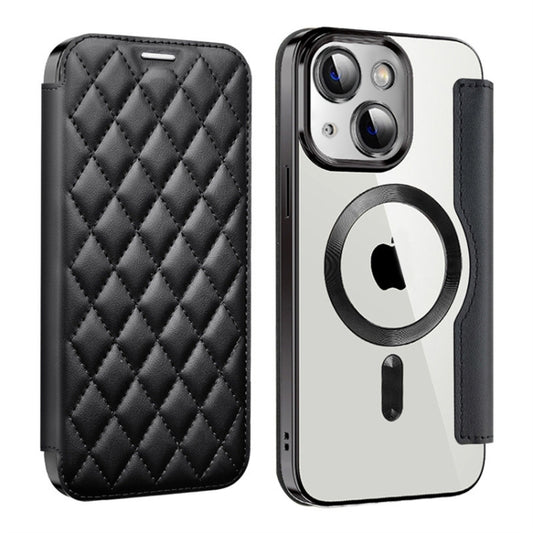 For iPhone 15 Plus Shield Magsafe RFID Anti-theft Rhombus Leather Phone Case(Black) - iPhone 15 Plus Cases by buy2fix | Online Shopping UK | buy2fix