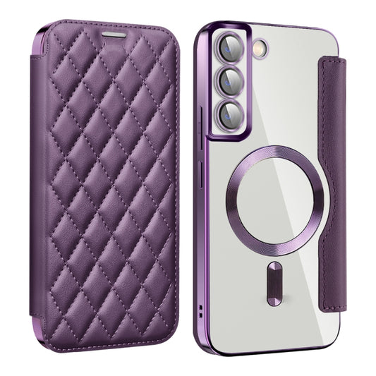 For Samsung Galaxy S23 5G Shield MagSafe RFID Anti-theft Rhombus Leather Phone Case(Purple) - Galaxy S23 5G Cases by buy2fix | Online Shopping UK | buy2fix
